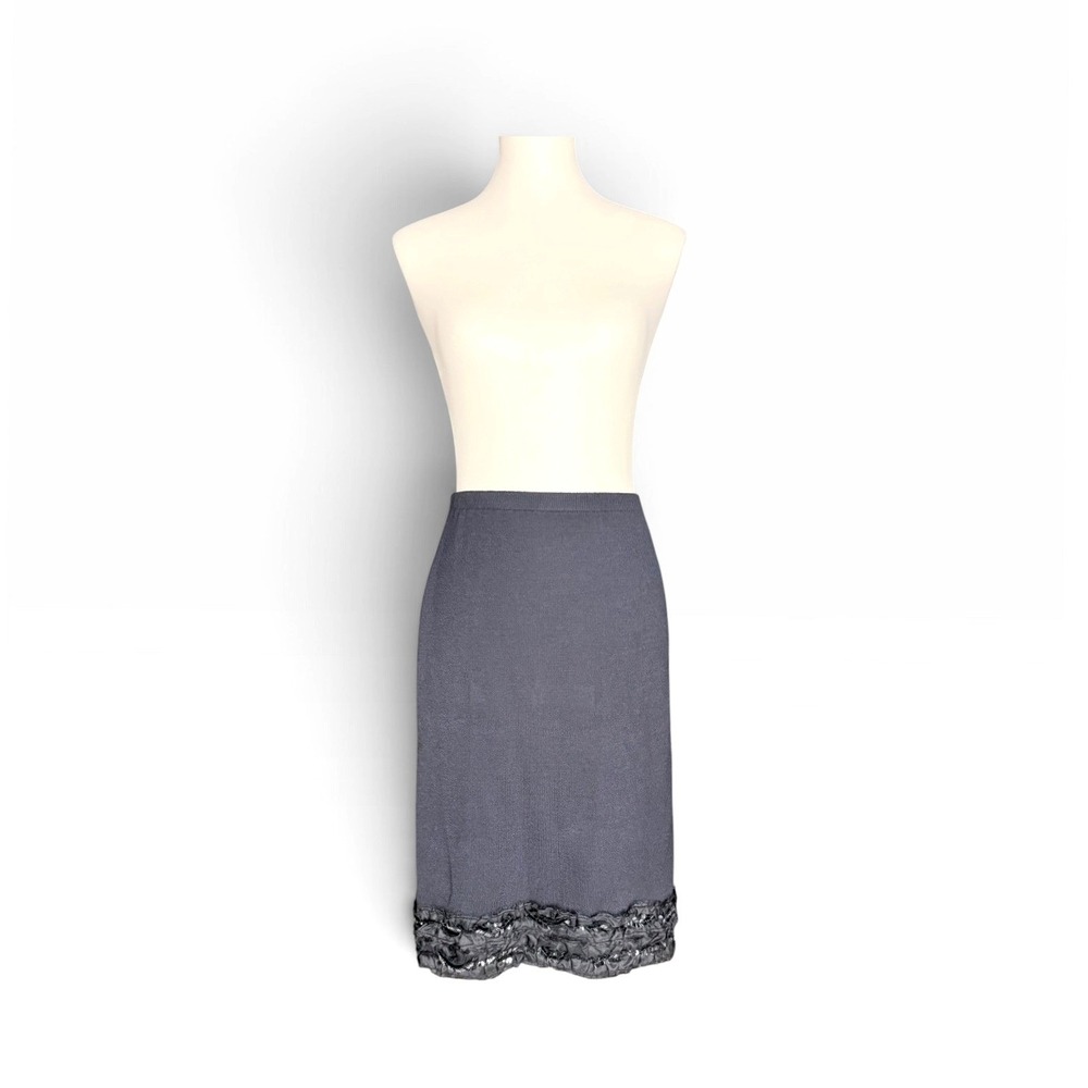 St John Evening Black Beaded Sequin Ruffle Hem Knit Pencil Skirt 16 New vintage